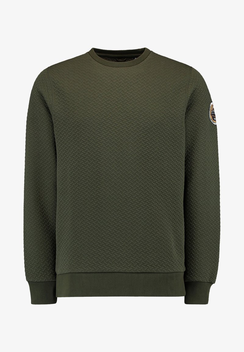 Sweat-shirt matelassé vert olive avec col rond, poignets et ourlet côtelés, comportant un écusson rond sur la partie supérieure gauche de la manche.