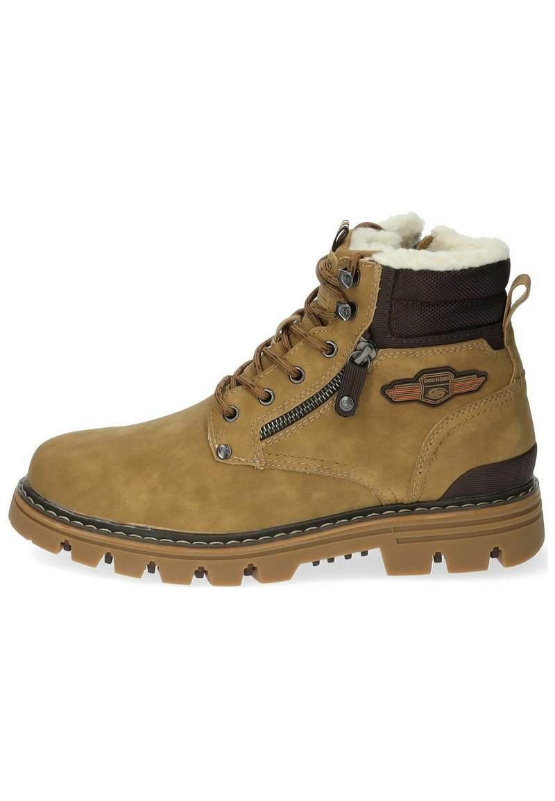 Bottines de randonnée en cuir marron avec une finition texturée, design à lacets, fermeture éclair sur le côté et col en fausse fourrure. Semelle en caoutchouc durable avec une bonne traction.