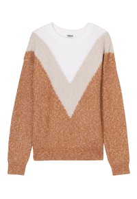 Strickpullover mit Zickzackmuster in Weiß, Beige und Rostfarben. Rippstruktur, runder Ausschnitt und lange Ärmel.