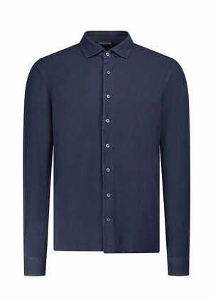 Chemise à manches longues bleu marine avec col classique et sept boutons sur le devant.