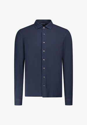 Camicia blu navy a maniche lunghe con bottoni, colletto classico e sette bottoni sul davanti.