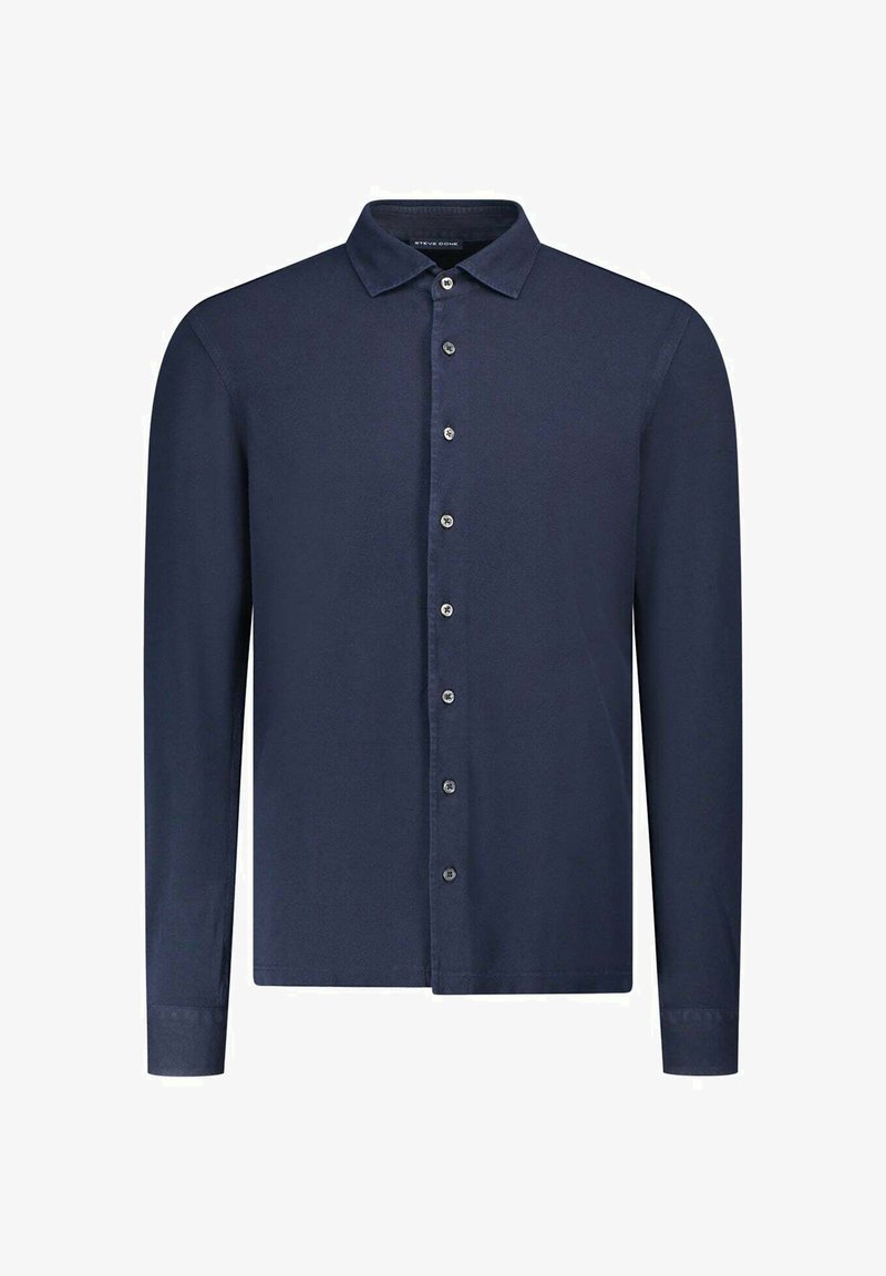 Donkerblauw overhemd met lange mouwen, knopen aan de voorkant en een klassieke kraag.