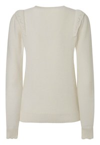 Kremowy dziany sweter z długimi rękawami, z misternymi koronkowymi detalami na ramionach oraz ryflowanym wykończeniem u dołu i na mankietach.