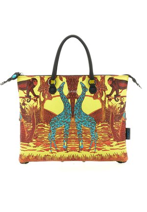 Borsa gialla con giraffe blu specchiate, scimmie rosse e motivi astratti arancioni e marroni della giungla, con manici neri e cerniera.