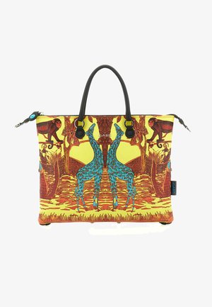 Borsa gialla con giraffe blu specchiate, scimmie rosse e motivi astratti arancioni e marroni della giungla, con manici neri e cerniera.