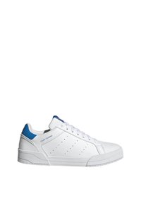 White leather sneaker with a blue accent at the heel, flat white sole, perforated side detailing, and traditional lace-up design.