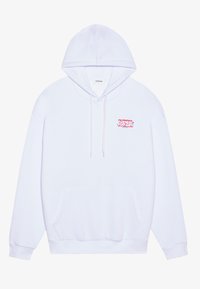 Hoodie bianco con tasca frontale, cappuccio con coulisse e stampa grafica colorata sul petto. Tessuto in cotone morbido con polsini a costine.