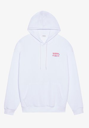 White hoodie with a front pouch pocket, drawstring hood, and a colorful text graphic on the chest. Soft cotton fabric with ribbed cuffs.