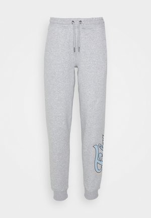 Hallid hallid dressipükse, mis on valmistatud pehmest kangast, millel on elastne vöökoht koos paelaga, mansetid allääres ja sinine graafiline disain säärel.