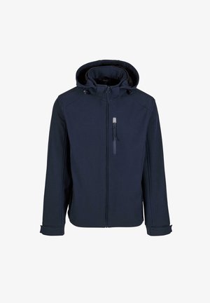 Granatowa kurtka z zamkiem błyskawicznym z przodu, regulowanym kapturem i bocznymi kieszeniami. Wyróżnia się gładką fakturą i minimalistycznym stylem.