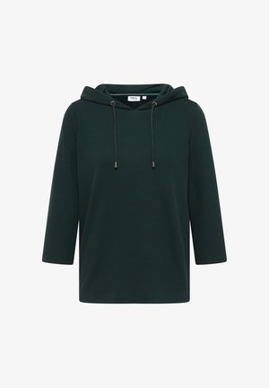 Tumma vihreä huppari, jossa on ribbikuvio, nyörihuppu, kolmannes hihat ja rento istuvuus. Merkkilabel näkyy sisäpuolella.