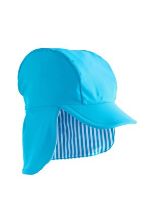 Blauer Sonnenhut mit breiter Krempe, weichem Stoff und gestreiftem Innenfutter. Mit einer Rückklappe für zusätzlichen Sonnenschutz ausgestattet.