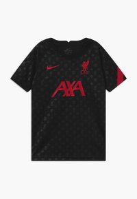 Musta urheilupaita hengittävästä kankaasta, jossa on hienovarainen kuvio. Siinä on punaisia yksityiskohtia, LFC-logo ja keskellä "AXA"-teksti.