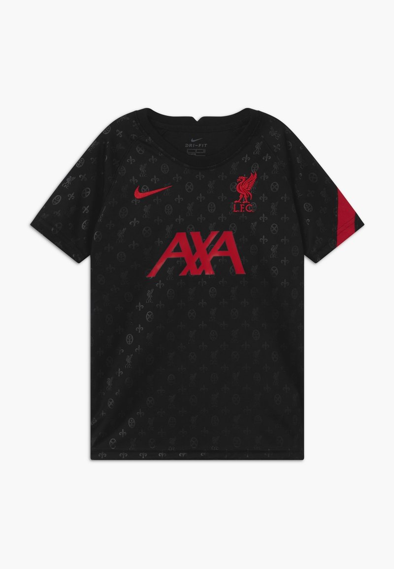 Musta urheilupaita hengittävästä kankaasta, jossa on hienovarainen kuvio. Siinä on punaisia yksityiskohtia, LFC-logo ja keskellä "AXA"-teksti.