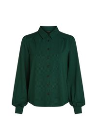 Groene blouse met een kraag, lange pofmouwen en een knoopsluiting aan de voorkant, bezaaid met zwarte stippen en van textuurstof.