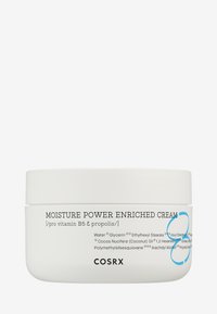 Pot en plastique blanc de la crème enrichie hydratante COSRX, avec un chiffre "3" bleu et un texte noir. Design lisse et rond avec un couvercle sécurisé.