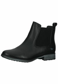 Schwarze Leder-Ankle-Boots mit elastischen Seitenelementen, runder Zehenpartie und niedrigem Blockabsatz. Verfügt über eine strukturierte Sohle und ein kleines Logo an der Seite.