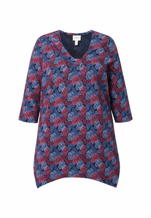 Bloes met bloemenprint, een V-hals, korte mouwen en een gebogen zoom. Beschikt over een kleurenschema in blauw, rood en marineblauw met een gestructureerd patroon.