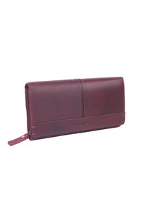 Portafoglio in pelle bordeaux con una texture liscia, chiusura con zip e un accento con marchio. Presenta un design piatto e uno stile minimalista.
