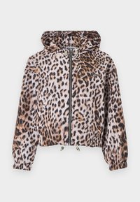 Ζακέτα με κουκούλα σε λεοπάρ σχέδιο, με φερμουάρ μπροστά, ρυθμιζόμενα κορδόνια στο άκρο, ελαστικά μανίκια και δύο πλαϊνές τσέπες.
