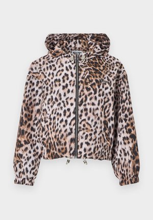 Jakna z leopardjim potiskom s kapuco, sprednjo zadrgo, nastavljivimi vrvicami na robu, elastičnimi manšetami in dvema stranskima žepoma.