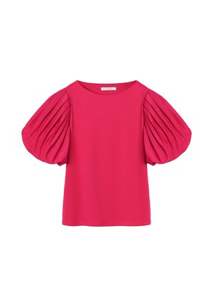 Haut à manches courtes fuchsia avec un col rond et des manches volumineuses plissées. Texture lisse et design décontracté pour une grande polyvalence.