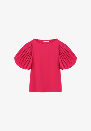 Haut à manches courtes fuchsia avec un col rond et des manches volumineuses plissées. Texture lisse et design décontracté pour une grande polyvalence.