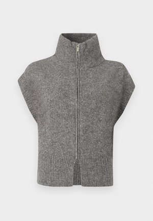 Grå strikket genser med høy krage, glidelås foran og cap sleeves. Ribbede kanter og splittsider forbedrer det teksturerte designet.