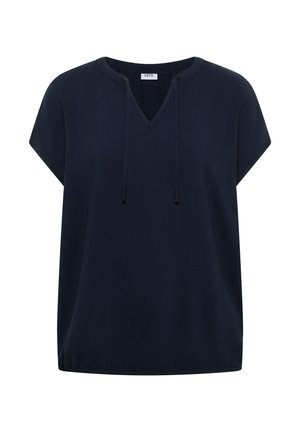 Blusa azul marino de manga corta con cuello en V, cordones ajustables, corte holgado y dobladillo elástico.