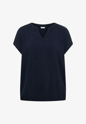 Marineblauwe blouse met korte mouwen, V-hals, trekkoordjes, losse pasvorm en elastische zoom.