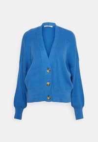 Blå cardigan med djup V-hals, ribbad textur och överdimensionerade ärmar. Fem stora knappar i guldton framtill ger en iögonfallande detalj.