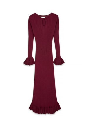 Burgunderfarbiges, geripptes Strickkleid mit langen Ärmeln, rundem Halsausschnitt, Schlüssellochdetail und weit ausgestellten Manschetten, das mit einem rüschengesäumten Saum endet.