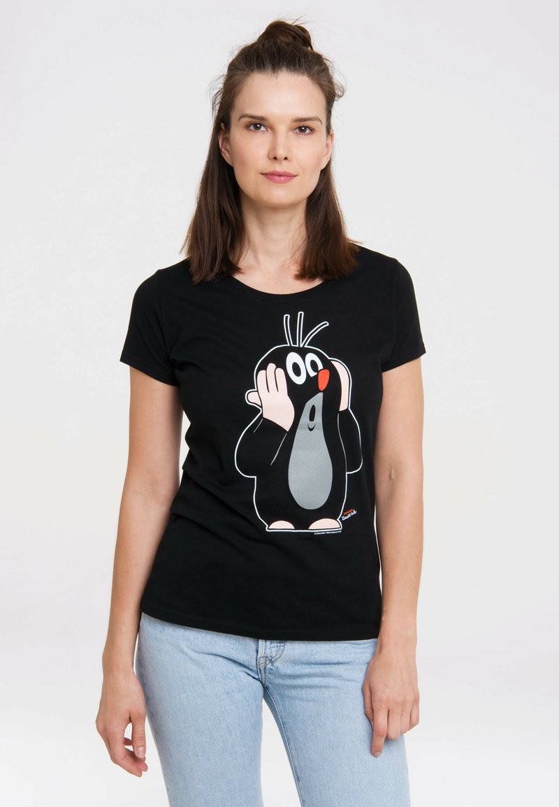 Black cotton t-shirt featuring a cartoon character with a gray belly and red nose, round eyes, and black arms, set against a neutral background.