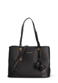 Borsa tote in pelle nera con superficie testurizzata, ferramenta color oro, due manici corti e tracolla regolabile a tracolla, con dettagli decorativi annodati.