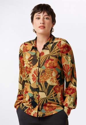Camicia a maniche lunghe con bottoni caratterizzata da un motivo floreale in rosso, teal e oro su uno sfondo nero. Realizzata in tessuto testurizzato.