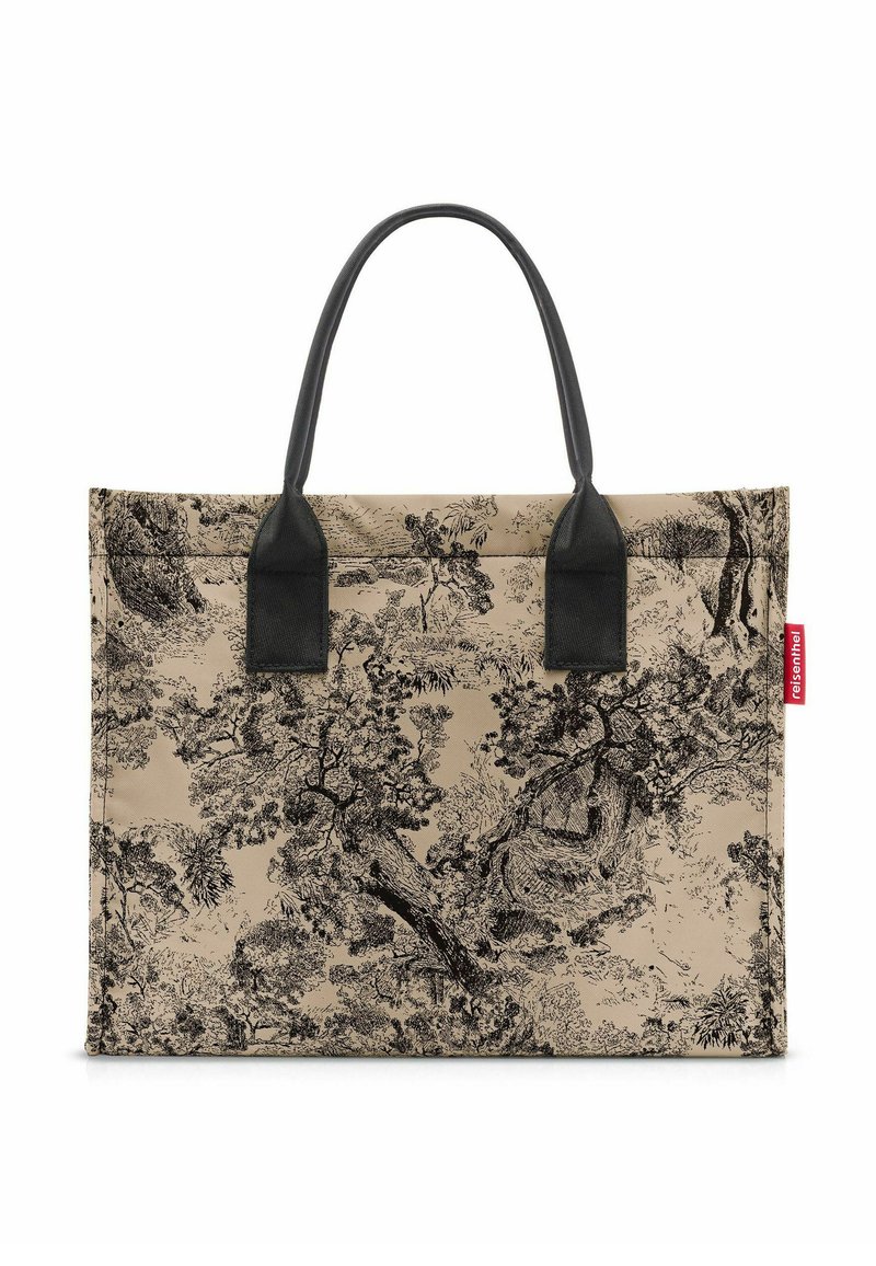 Borsa tote in tela beige con motivo ad albero nero, dotata di manici in pelle nera e un'etichetta rossa.