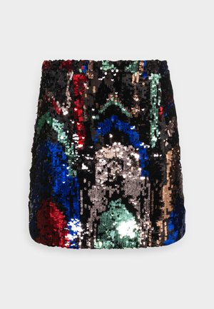 Sequined mini skirt with a black base, featuring colorful geometric patterns in red, blue, green, and silver. Elastic waistband for fit.