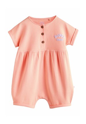 Peach ribbed romper with short sleeves, featuring three wooden buttons and a "happy time" appliqué in white. It has a gathered waistline.