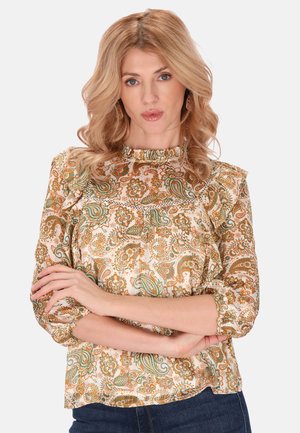 Bunt gemusterte Paisley-Bluse mit Rüschenausschnitt, gerafften Ärmeln, strukturiertem Stoff und lockerer Passform. Auffälliges Muster in Orange, Grün und Creme.