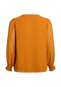 Senfgelbe Bluse mit rundem Halsausschnitt, langen transparenten Ärmeln und gerafften Ärmelbündchen. Glattes Material mit einer lockeren Passform.