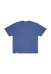 T-shirt a maniche corte, con scollo rotondo, di un solido colore blu scuro, realizzato in cotone con una texture morbida. Presenta un piccolo logo etichetta sull'orlo.