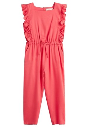 Koralfarvet ærmeløs jumpsuit med flæse skuldre, snøre i taljen og bukser med lige ben på hvid baggrund.