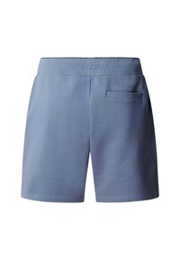 Pantaloncini casual blu con vita elasticizzata e una singola tasca posteriore, mostrati su sfondo bianco.