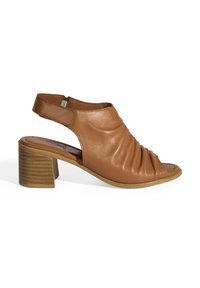 Braune Leder-Sandale mit offener Spitze, geraffter Textur, Slingback-Träger und einem klobigen, holzoptischen Absatz.