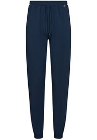 Pantalones jogger de color azul marino hechos de tela suave, con una cinturilla elástica y cordón, y puños elásticos en los tobillos.