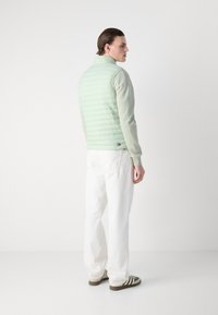 Chaleco acolchado en verde claro, superpuesto sobre una camiseta de manga larga en verde claro, combinado con pantalones blancos y zapatos a rayas marrones; diseño minimalista.