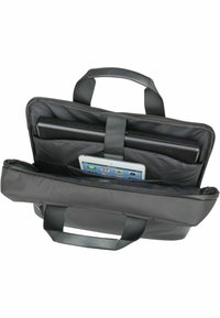 Sacoche noire pour ordinateur portable avec deux compartiments. Intérieur texturé avec des sections rembourrées pour un ordinateur portable et une tablette. Poignées robustes pour un transport facile.