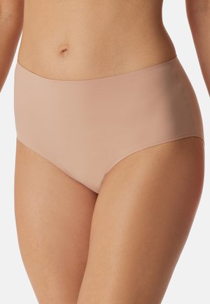 Vaaleanbeige korkeat alushousut sileästä kankaasta, joissa on saumaton vyötärö ja lahkeiden aukot mukavuutta varten. Ei näkyviä kuvioita tai koristeluja.
