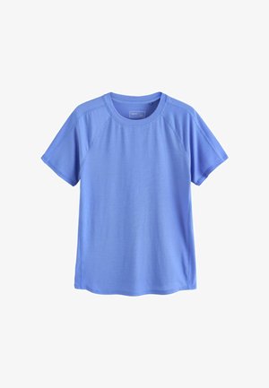 Blue short-sleeve crew neck T-shirt with raglan sleeves, made of lightweight fabric, displayed against a white background.