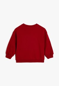 Felpa rossa con maniche lunghe e a sbuffo, polsini e orlo a coste. Texture liscia, collo a girocollo classico e colore uniforme senza motivi.